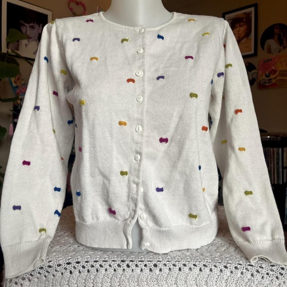 Marisa Christina White Rainbow Polka Dot Cardigan / sz m